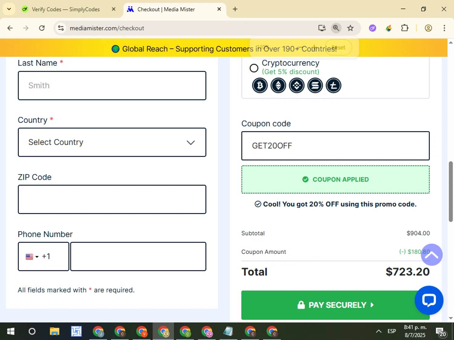 Media Mister coupon code screenshot showing code GET20OFF applied at Media Mister checkout page. Uploaded by SimplyCodes community member VictorL on Jul 9, 2025