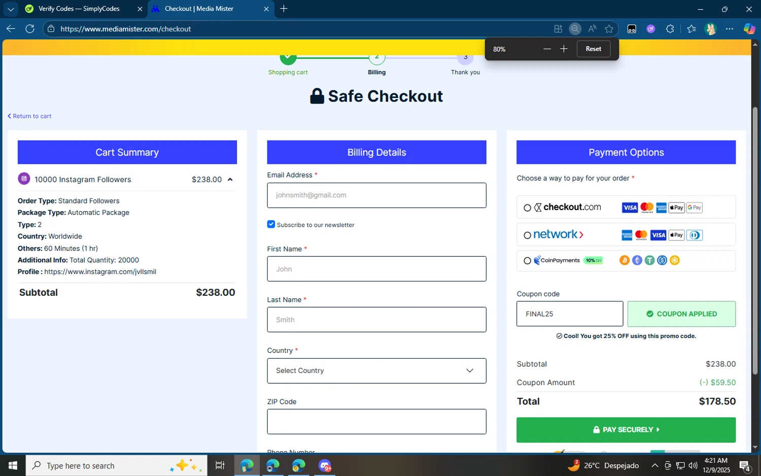 Media Mister coupon code screenshot showing code FINAL25 applied at Media Mister checkout page. Uploaded by SimplyCodes community member jvllsk3 on Dec 9, 2025