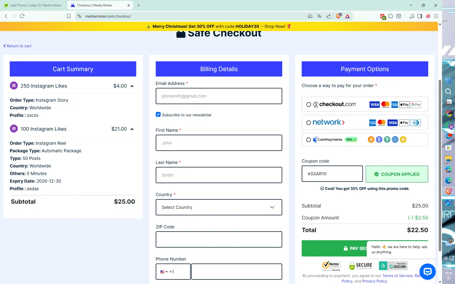 Media Mister coupon code screenshot showing code ASSAR10 applied at Media Mister checkout page. Uploaded by SimplyCodes community member YaffMusic on Dec 30, 2025