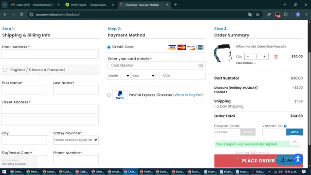 Avacare Medical checkout page showing Avacare Medical coupon code box | Screenshot taken by SimplyCodes community member on Aug 19, 2025