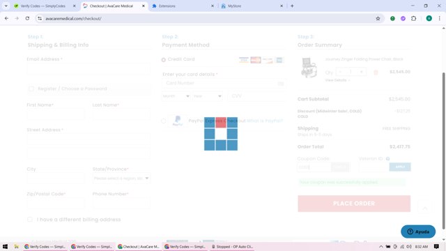 Avacare Medical checkout page showing Avacare Medical coupon code box | Screenshot taken by SimplyCodes community member on Aug 18, 2025
