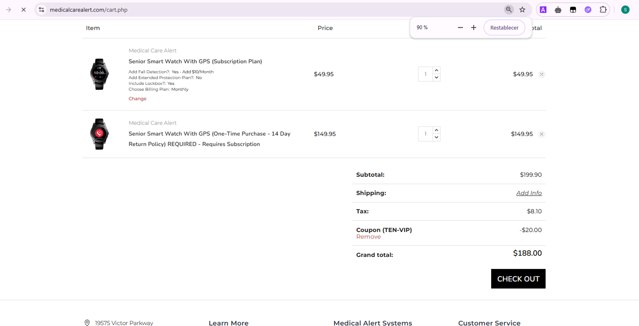 Medical Care Alert checkout page showing Medical Care Alert coupon code box | Screenshot taken by SimplyCodes community member on May 19, 2025