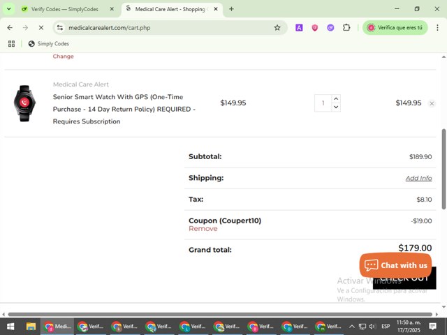 Medical Care Alert checkout page showing Medical Care Alert coupon code box | Screenshot taken by SimplyCodes community member on Jul 17, 2025