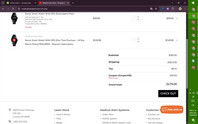 Medical Care Alert checkout page showing Medical Care Alert coupon code box | Screenshot taken by SimplyCodes community member on Jun 18, 2025