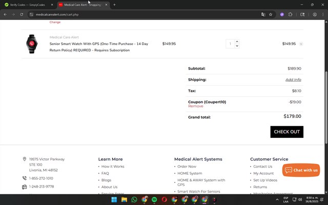 Medical Care Alert checkout page showing Medical Care Alert coupon code box | Screenshot taken by SimplyCodes community member on Aug 16, 2025
