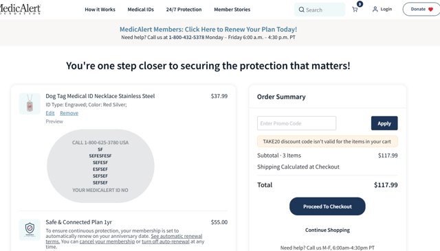 MedicAlert checkout page showing MedicAlert coupon code box | Screenshot taken by SimplyCodes community member on Sep 3, 2025
