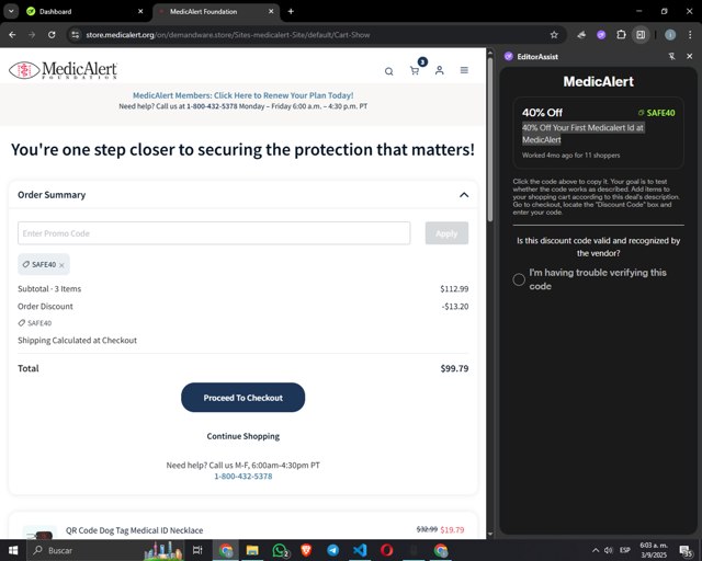MedicAlert checkout page showing MedicAlert coupon code box | Screenshot taken by SimplyCodes community member on Sep 3, 2025