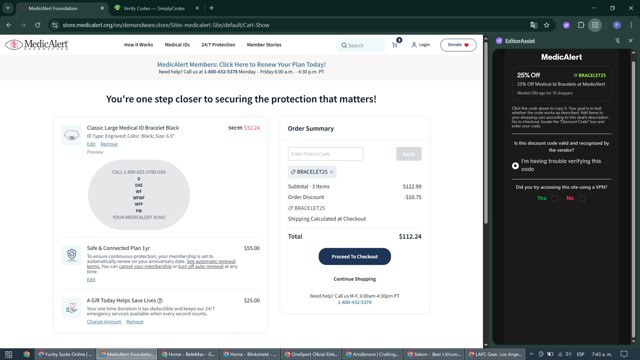 MedicAlert checkout page showing MedicAlert coupon code box | Screenshot taken by SimplyCodes community member on Sep 6, 2025