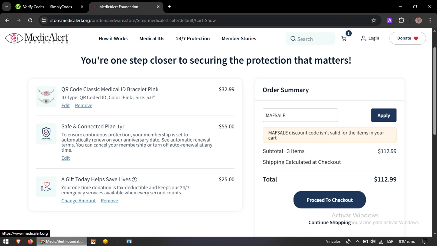MedicAlert promo code screenshot showing code MAFSALE applied at MedicAlert checkout page. Uploaded by SimplyCodes community member Rxchxrd on Jan 27, 2026