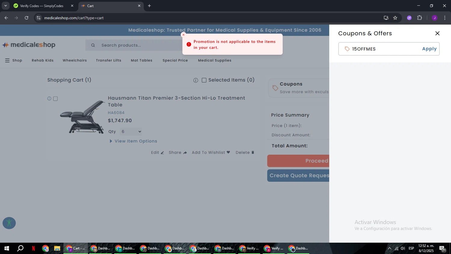 Medicaleshop promo code screenshot showing code 15OFFMES applied at Medicaleshop checkout page. Uploaded by SimplyCodes community member ComeBurra123 on Dec 8, 2025