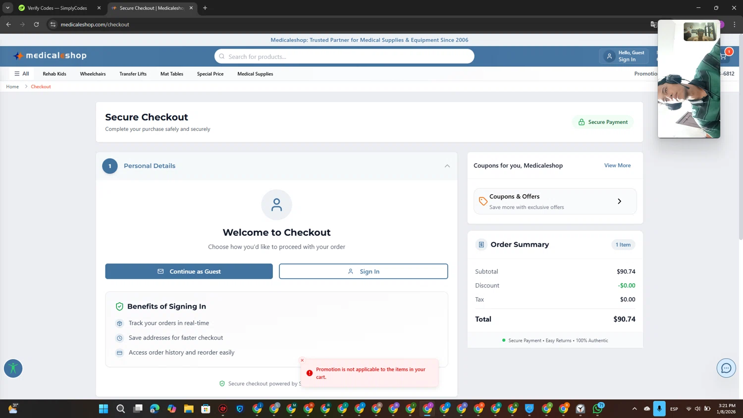 Medicaleshop checkout page showing Medicaleshop promo code box | Screenshot taken by SimplyCodes community member on Jan 8, 2026