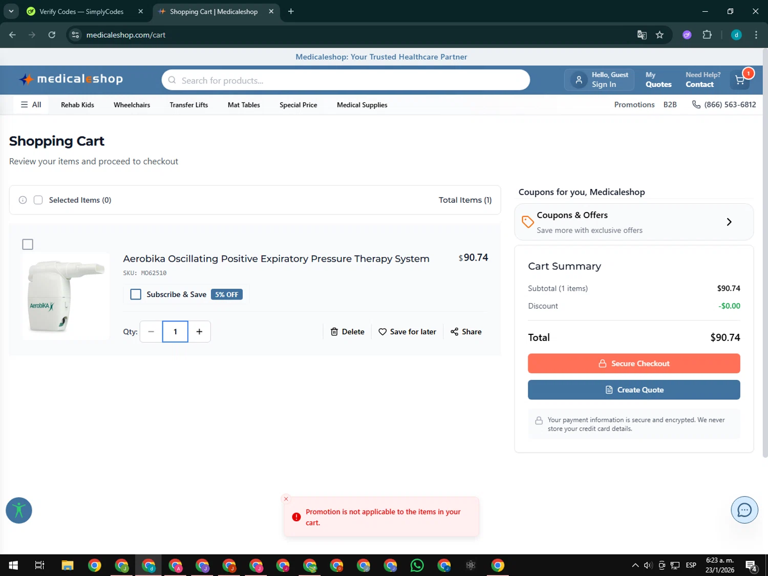 Medicaleshop checkout page showing Medicaleshop promo code box | Screenshot taken by SimplyCodes community member on Jan 23, 2026