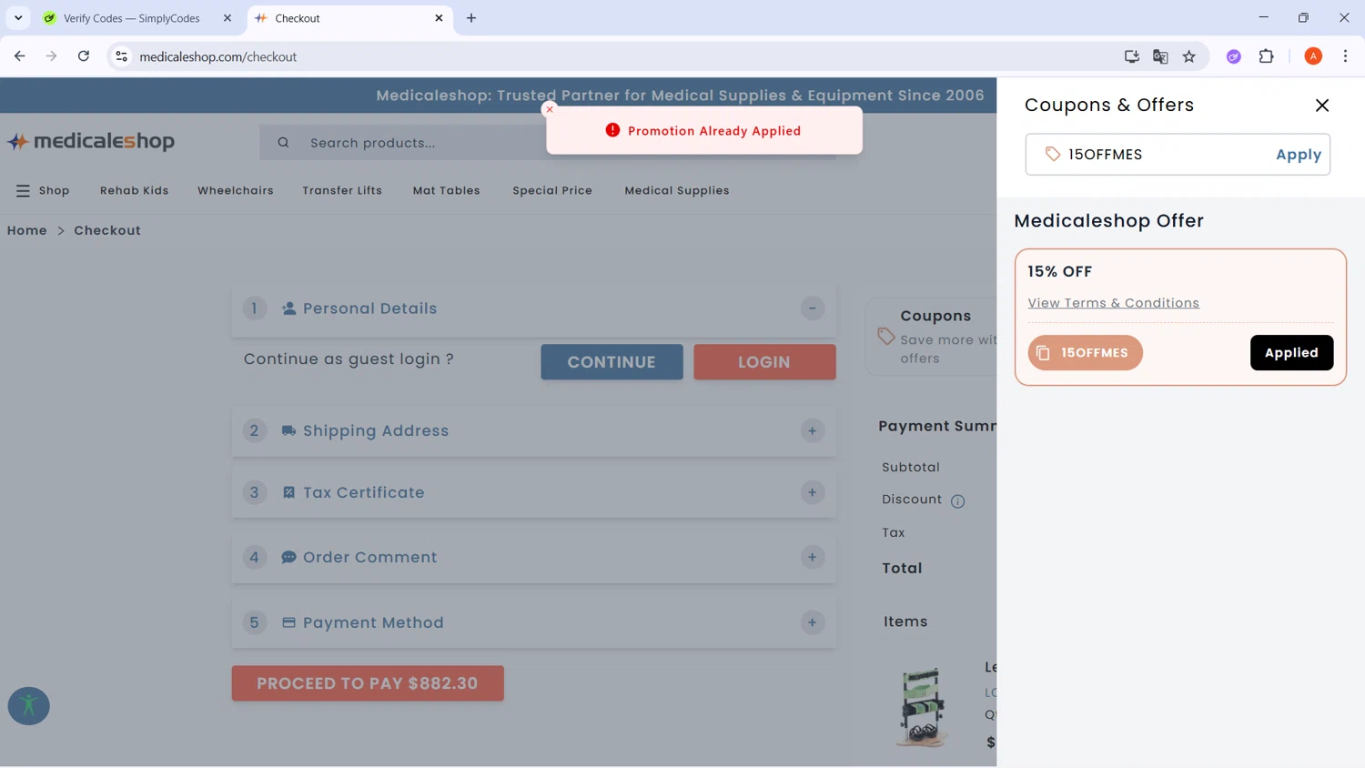 Medicaleshop promo code screenshot showing code 15OFFMES applied at Medicaleshop checkout page. Uploaded by SimplyCodes community member GoldChaser2970 on Nov 9, 2025