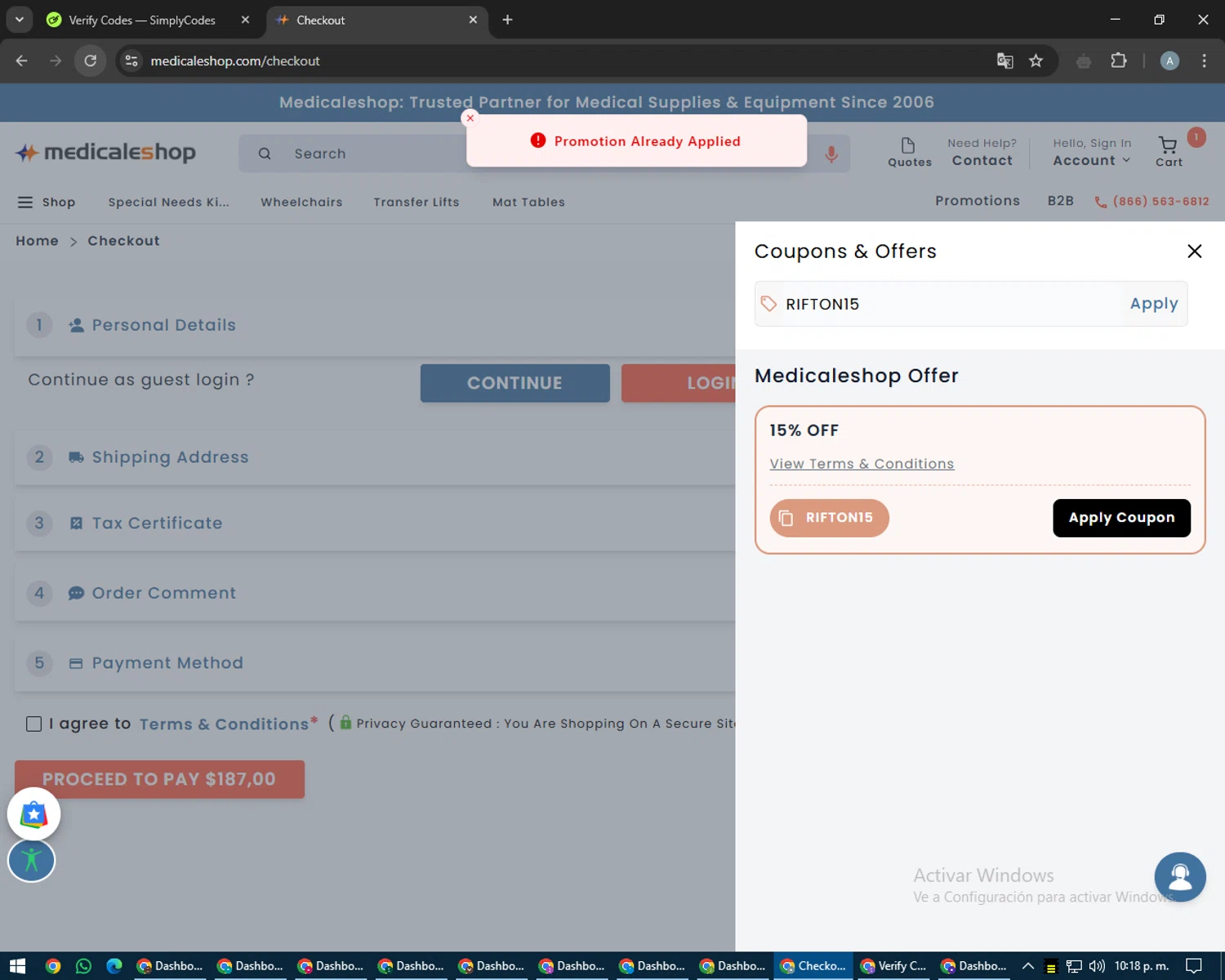 Medicaleshop promo code screenshot showing code RIFTON15 applied at Medicaleshop checkout page. Uploaded by SimplyCodes community member trippieredd on Apr 15, 2025