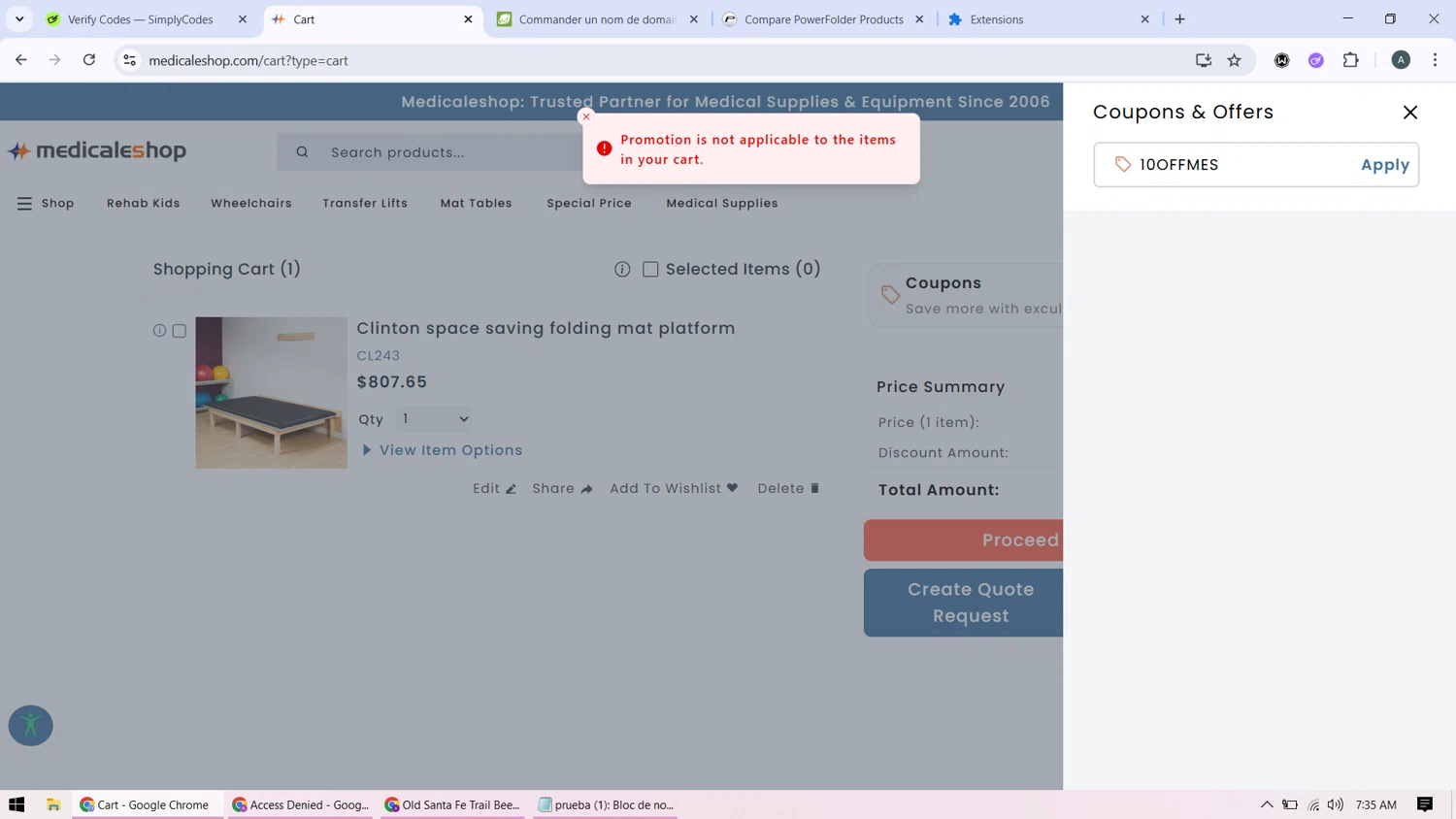 Medicaleshop promo code screenshot showing code 10OFFMES applied at Medicaleshop checkout page. Uploaded by SimplyCodes community member BonusMonarch7015 on Nov 8, 2025