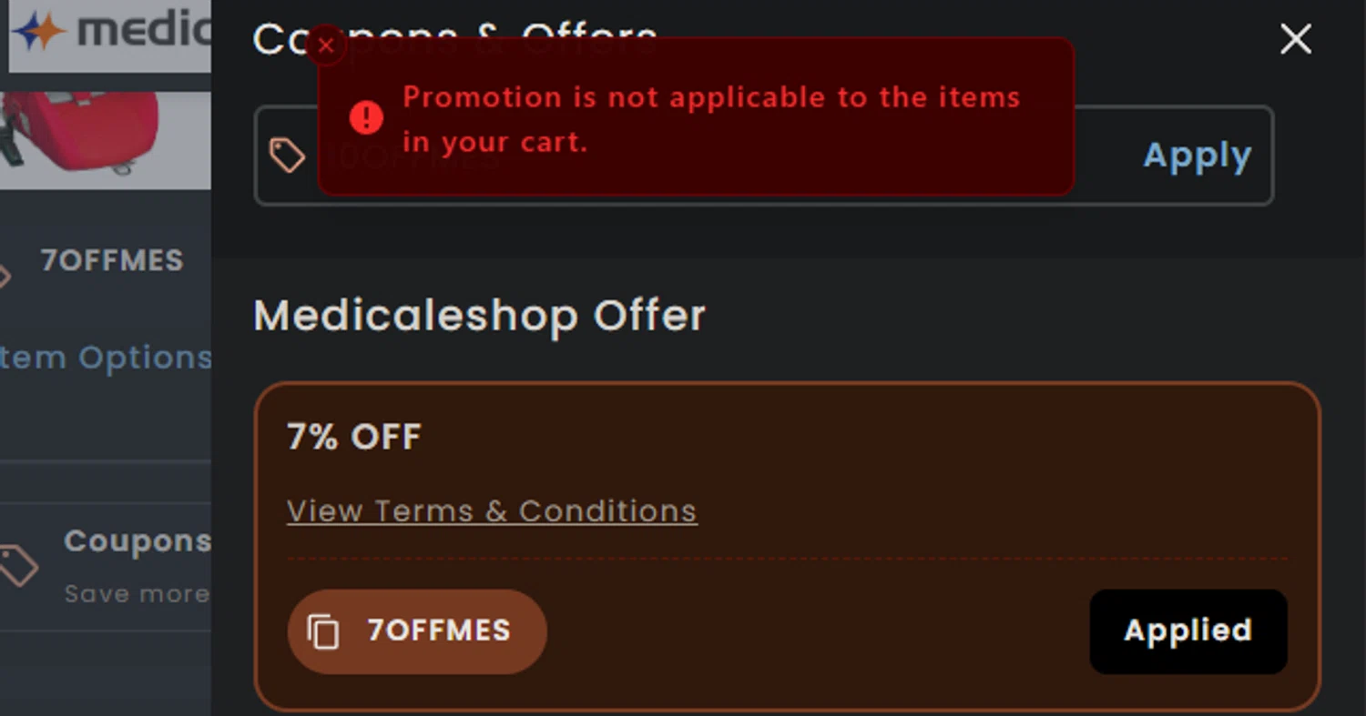 Medicaleshop promo code screenshot showing code 10OFFMES applied at Medicaleshop checkout page. Uploaded by SimplyCodes community member FIREINTHEHOLE on Nov 25, 2025