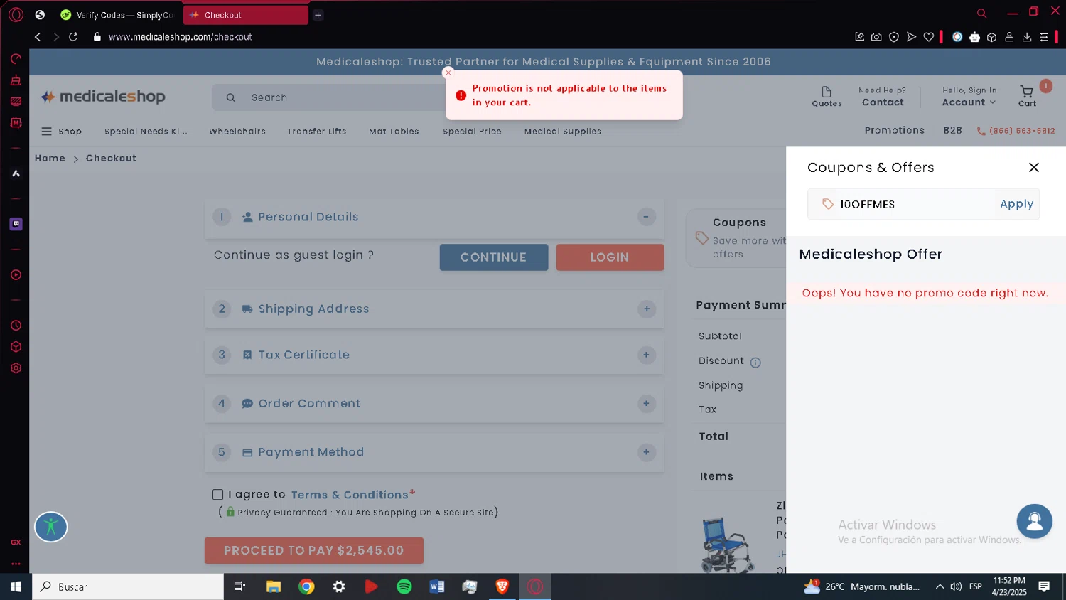 Medicaleshop promo code screenshot showing code 10OFFMES applied at Medicaleshop checkout page. Uploaded by SimplyCodes community member ACIDOSULFURICO on Apr 24, 2025