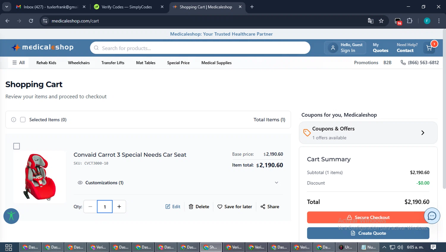 Medicaleshop checkout page showing Medicaleshop promo code box | Screenshot taken by SimplyCodes community member on Jan 23, 2026