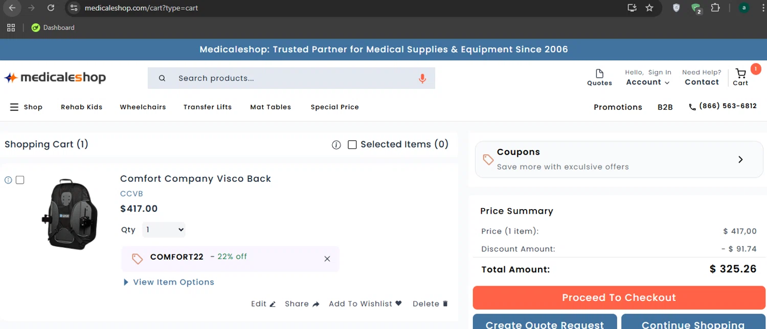 Medicaleshop promo code screenshot showing code COMFORT22 applied at Medicaleshop checkout page. Uploaded by SimplyCodes community member Limon02 on Nov 4, 2025