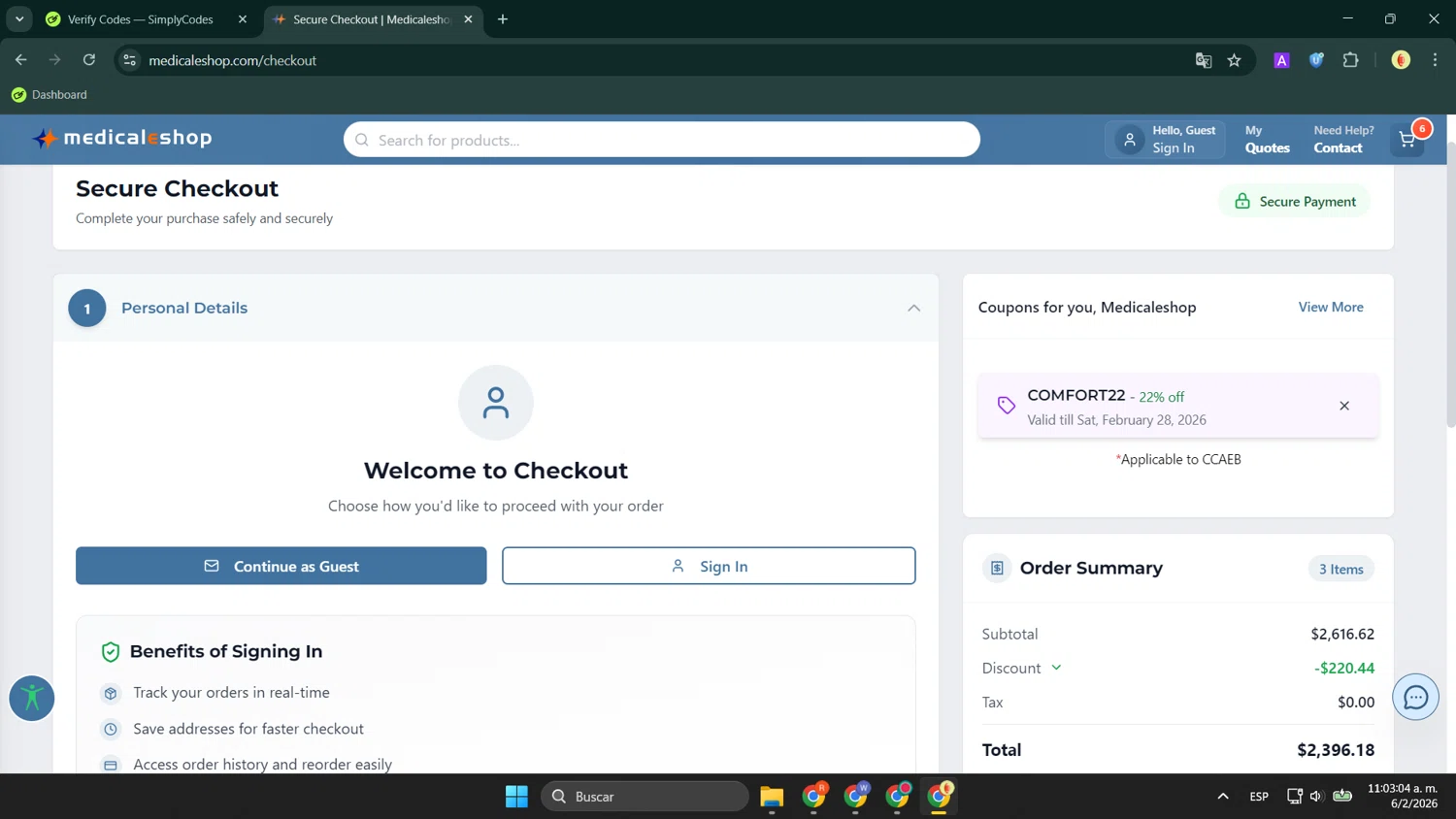 Medicaleshop checkout page showing Medicaleshop promo code box | Screenshot taken by SimplyCodes community member on Feb 6, 2026