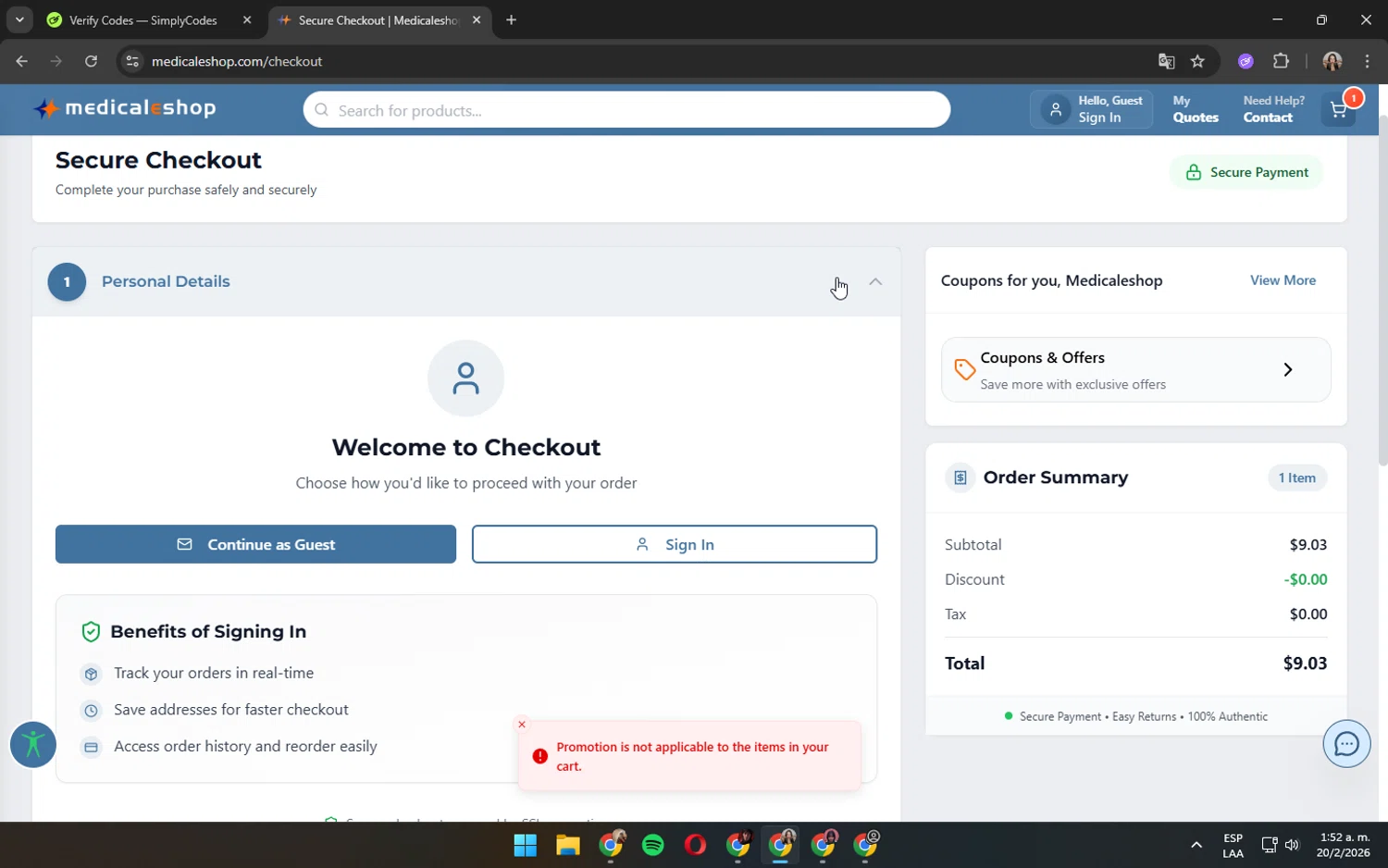 Medicaleshop checkout page showing Medicaleshop promo code box | Screenshot taken by SimplyCodes community member on Feb 20, 2026