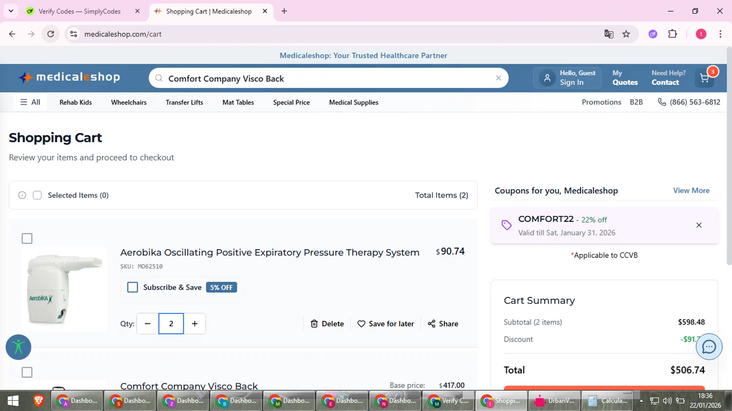 Medicaleshop checkout page showing Medicaleshop promo code box | Screenshot taken by SimplyCodes community member on Jan 22, 2026