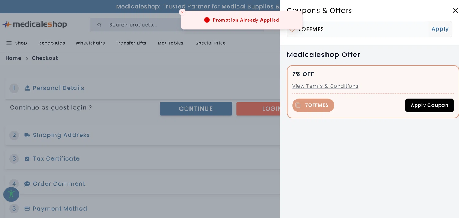 Medicaleshop promo code screenshot showing code 7OFFMES applied at Medicaleshop checkout page. Uploaded by SimplyCodes community member xHRxUltrax on Aug 10, 2025