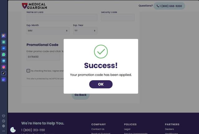 Medical Guardian checkout page showing Medical Guardian promo code box | Screenshot taken by SimplyCodes community member on Aug 27, 2025