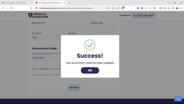 Medical Guardian checkout page showing Medical Guardian promo code box | Screenshot taken by SimplyCodes community member on Aug 5, 2025