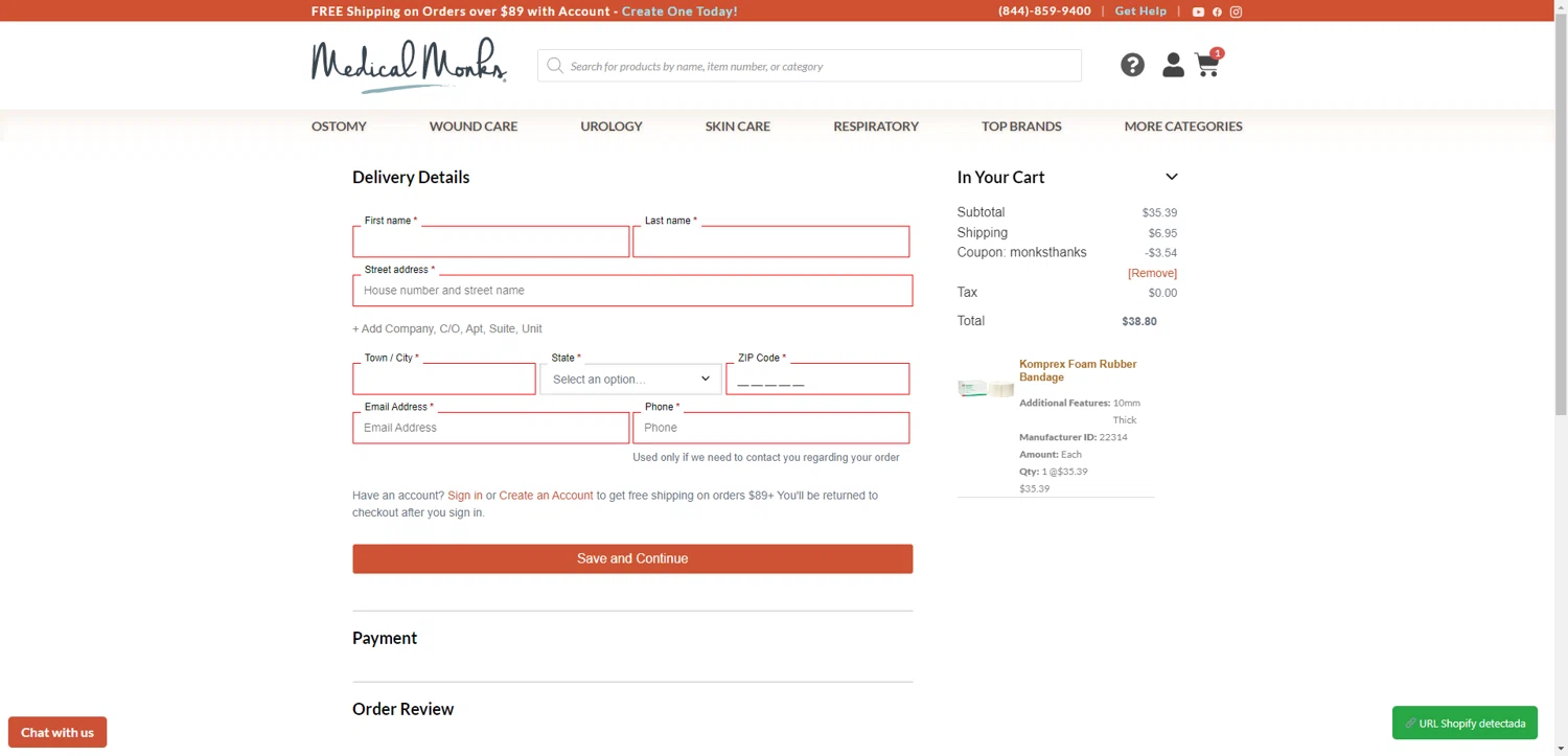 Medical Monks coupon code screenshot showing code MONKSTHANKS applied at Medical Monks checkout page. Uploaded by SimplyCodes community member CleverHawk1744 on Dec 15, 2025