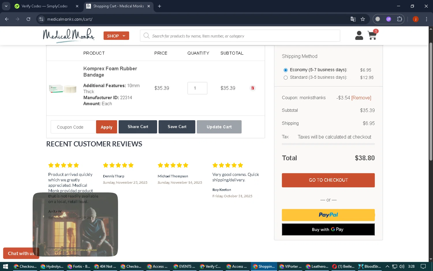 Medical Monks coupon code screenshot showing code MONKSTHANKS applied at Medical Monks checkout page. Uploaded by SimplyCodes community member FortunateGenius936 on Dec 27, 2025
