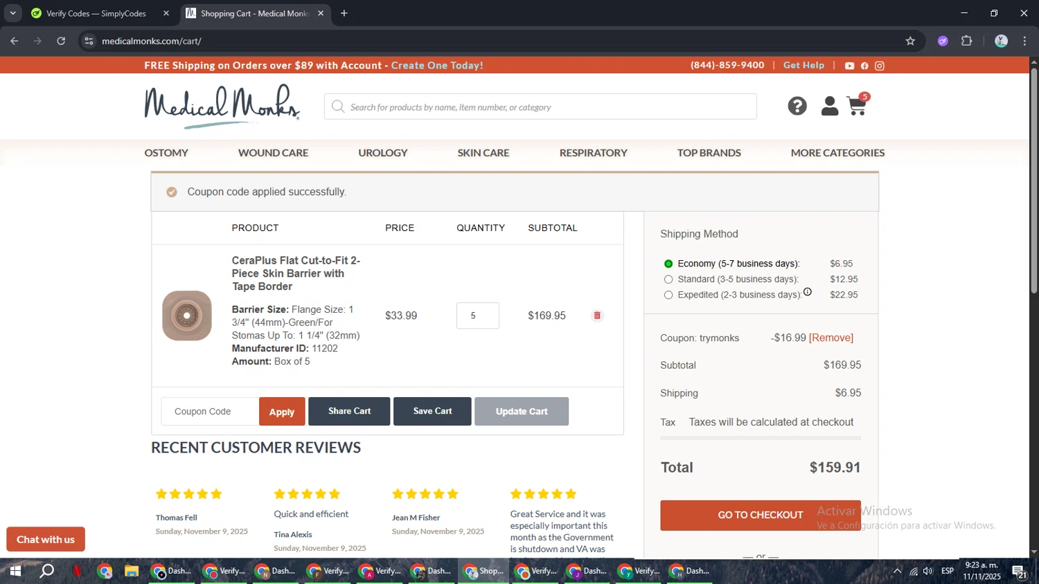 Medical Monks coupon code screenshot showing code TRYMONKS applied at Medical Monks checkout page. Uploaded by SimplyCodes community member ShrewdSeeker6165 on Nov 11, 2025