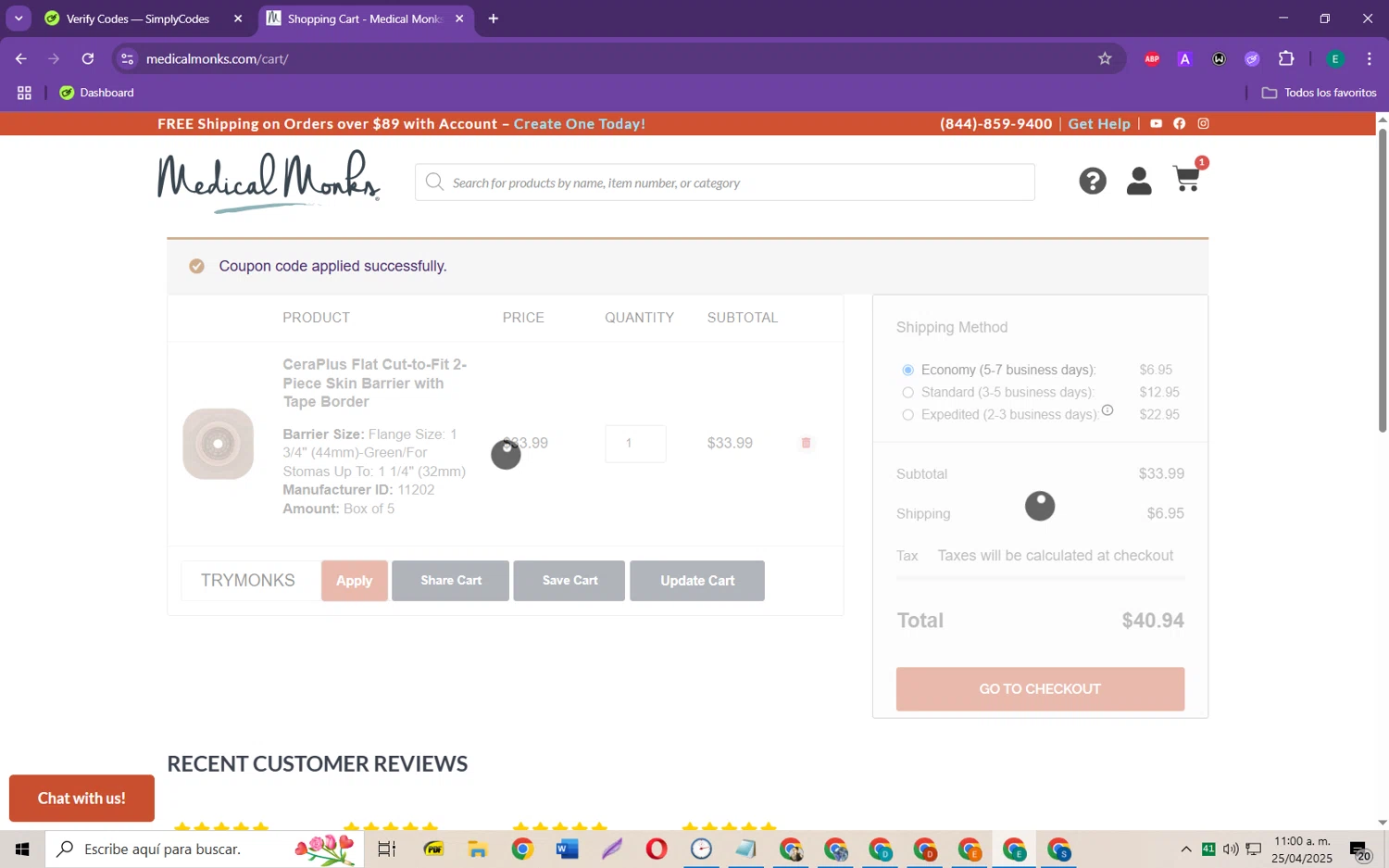 Medical Monks coupon code screenshot showing code TRYMONKS applied at Medical Monks checkout page. Uploaded by SimplyCodes community member RebateScholar429 on Apr 25, 2025