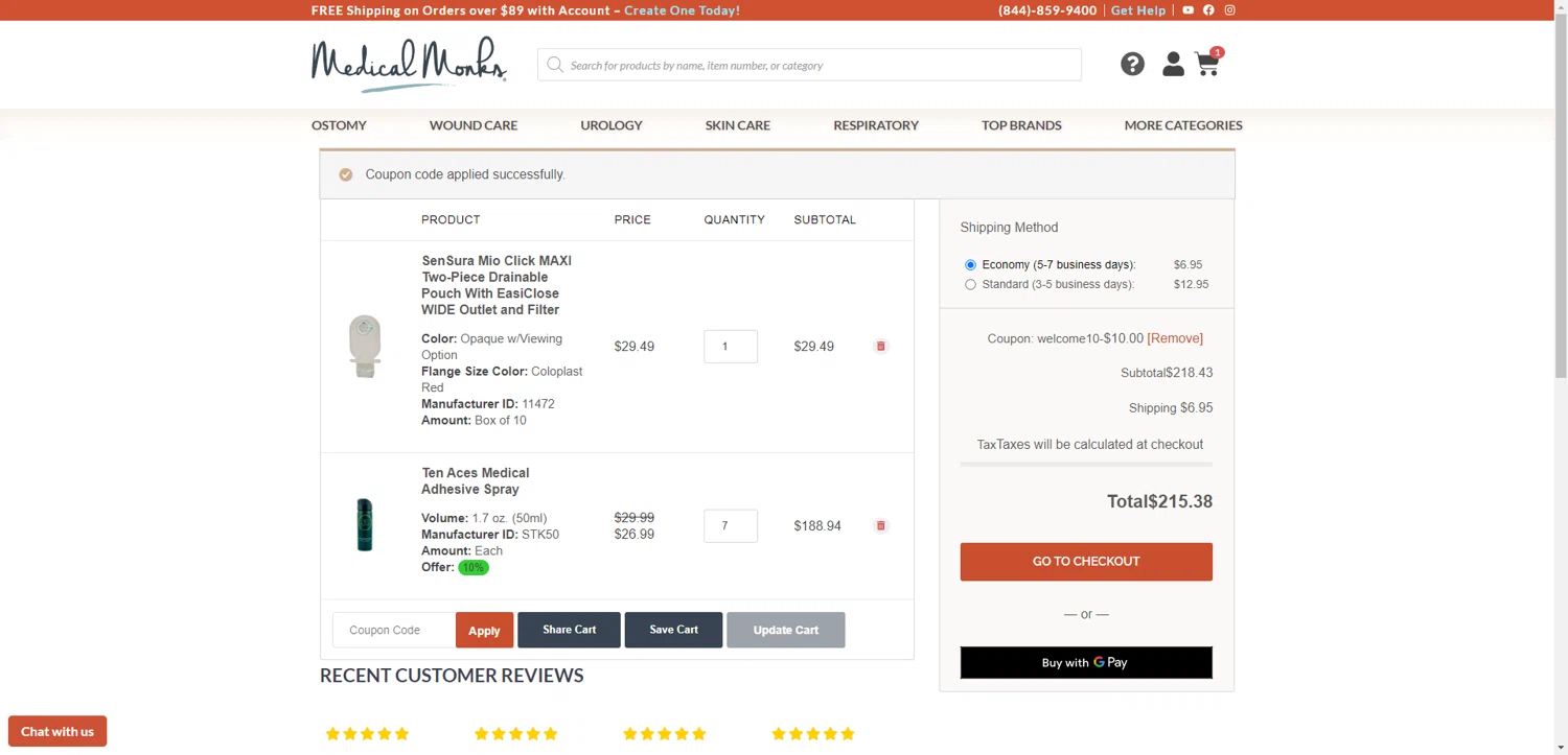 Medical Monks coupon code screenshot showing code WELCOME10 applied at Medical Monks checkout page. Uploaded by SimplyCodes community member CrownWhiz8114 on Oct 8, 2025