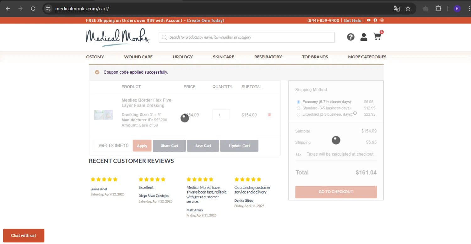 Medical Monks coupon code screenshot showing code WELCOME10 applied at Medical Monks checkout page. Uploaded by SimplyCodes community member RebateVirtuoso9954 on Apr 14, 2025