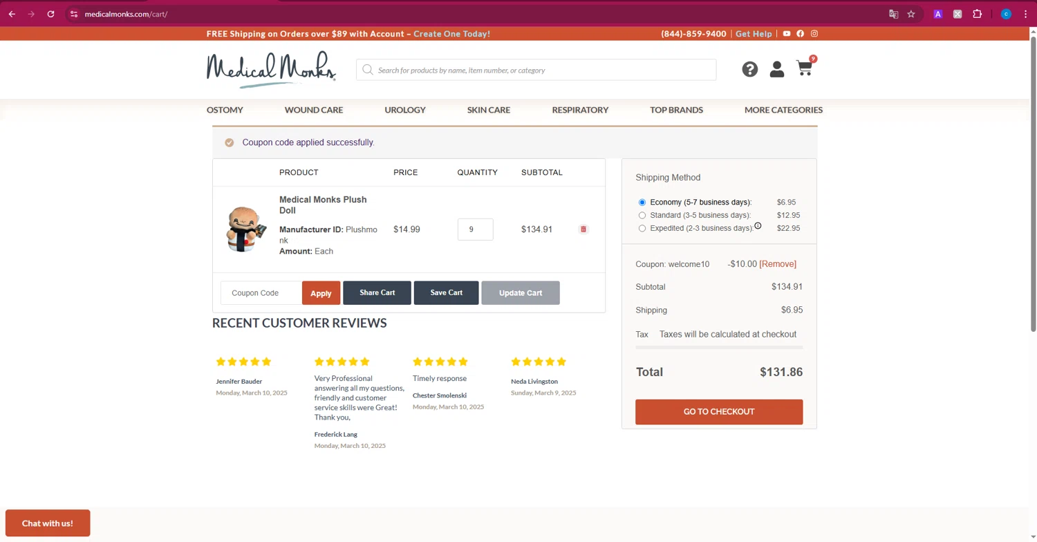 Medical Monks coupon code screenshot showing code WELCOME10 applied at Medical Monks checkout page. Uploaded by SimplyCodes community member Turiderss on Mar 12, 2025