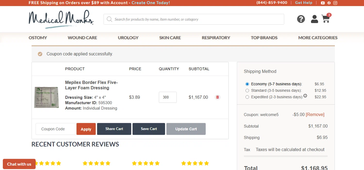 Medical Monks coupon code screenshot showing code WELCOME5 applied at Medical Monks checkout page. Uploaded by SimplyCodes community member CashAce9852 on Nov 4, 2025