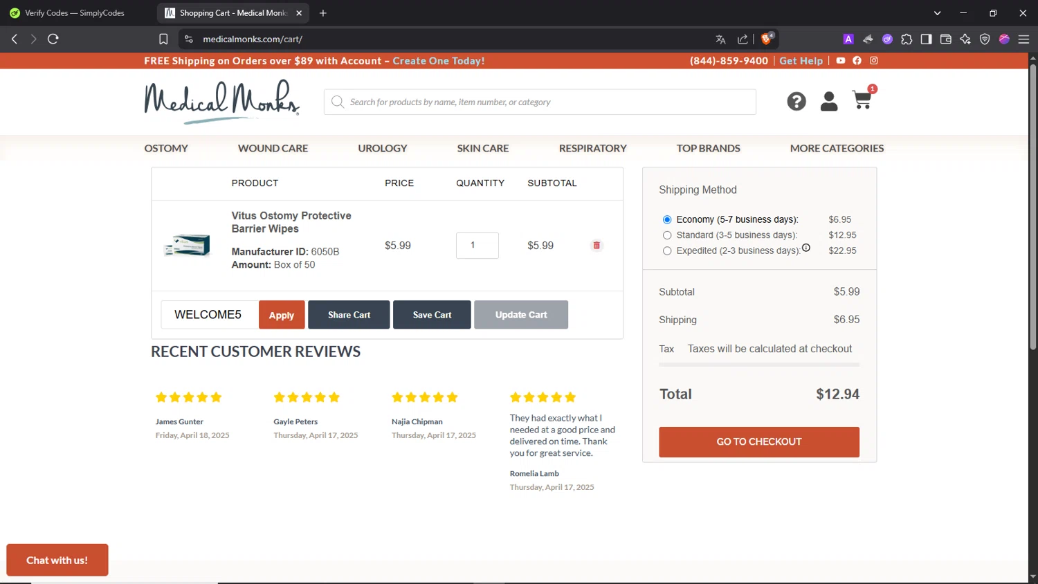 Medical Monks coupon code screenshot showing code WELCOME5 applied at Medical Monks checkout page. Uploaded by SimplyCodes community member Morrachida04 on Apr 18, 2025