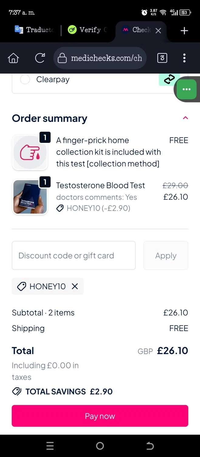 Medichecks promo code screenshot showing code HONEY10 applied at Medichecks checkout page. Uploaded by SimplyCodes community member JannyiseaN on Dec 23, 2025