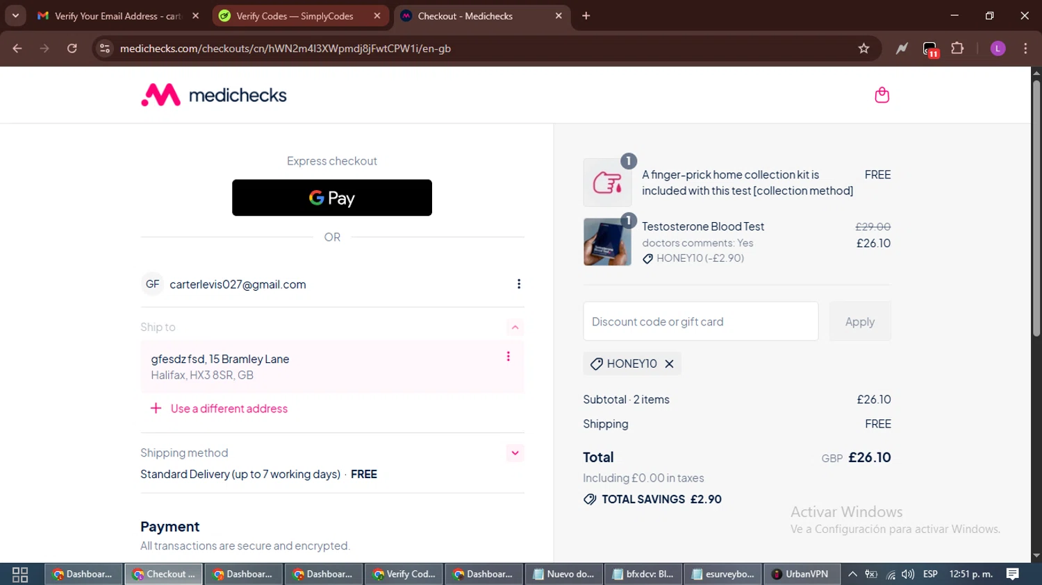 Medichecks promo code screenshot showing code HONEY10 applied at Medichecks checkout page. Uploaded by SimplyCodes community member RewardScout5160 on Sep 9, 2025