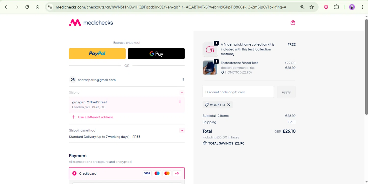 Medichecks promo code screenshot showing code HONEY10 applied at Medichecks checkout page. Uploaded by SimplyCodes community member rapc3030 on Nov 24, 2025