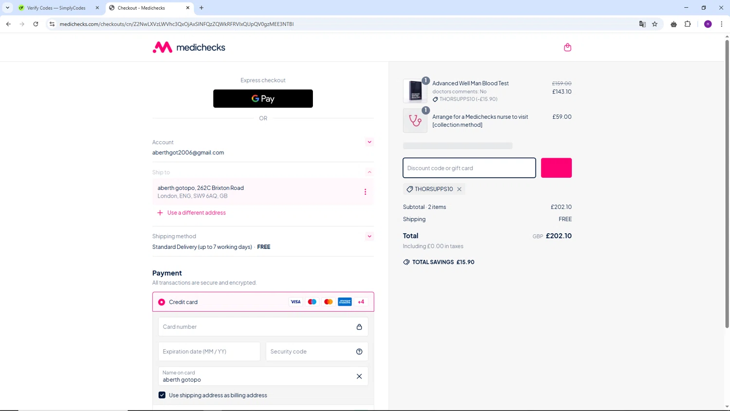 Medichecks promo code screenshot showing code THORSUPPS10 applied at Medichecks checkout page. Uploaded by SimplyCodes community member AVAMUSTANG on Apr 22, 2025