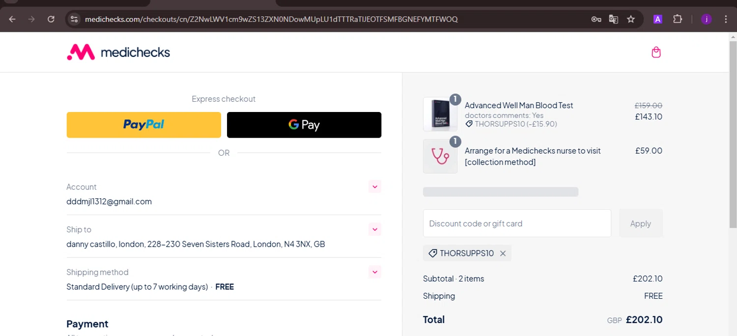 Medichecks promo code screenshot showing code THORSUPPS10 applied at Medichecks checkout page. Uploaded by SimplyCodes community member CoinMaverick1452 on Feb 11, 2025