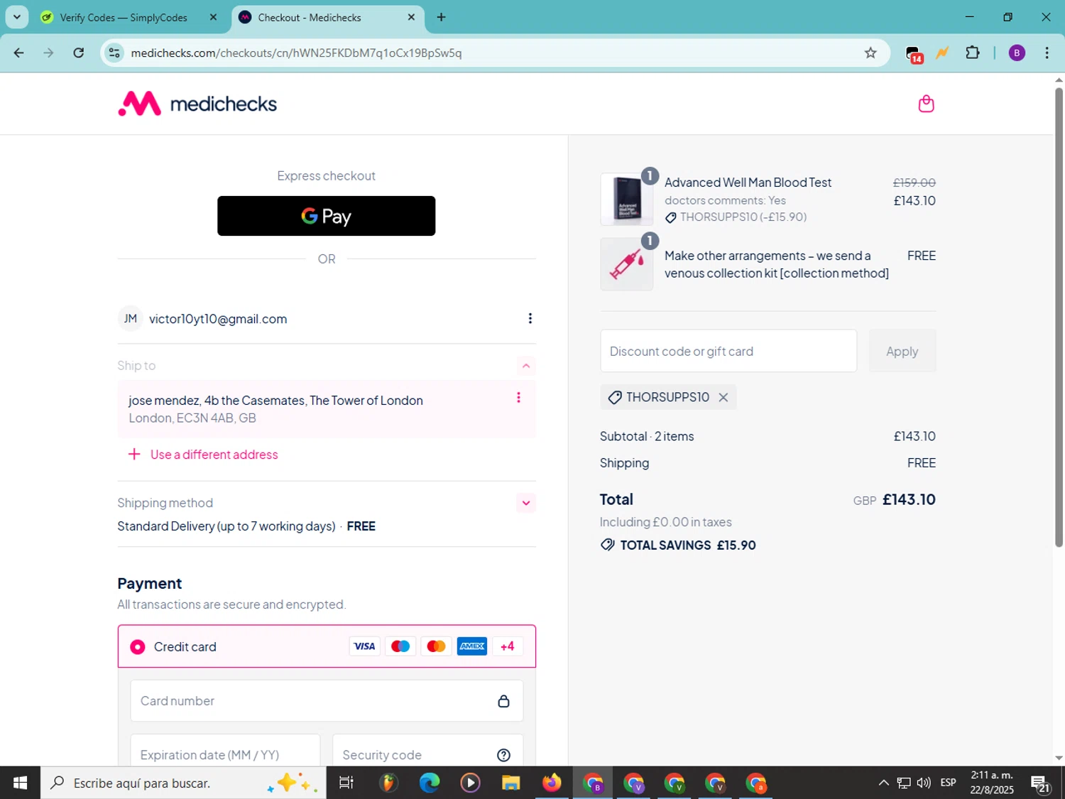 Medichecks promo code screenshot showing code THORSUPPS10 applied at Medichecks checkout page. Uploaded by SimplyCodes community member Soyvictor on Aug 22, 2025