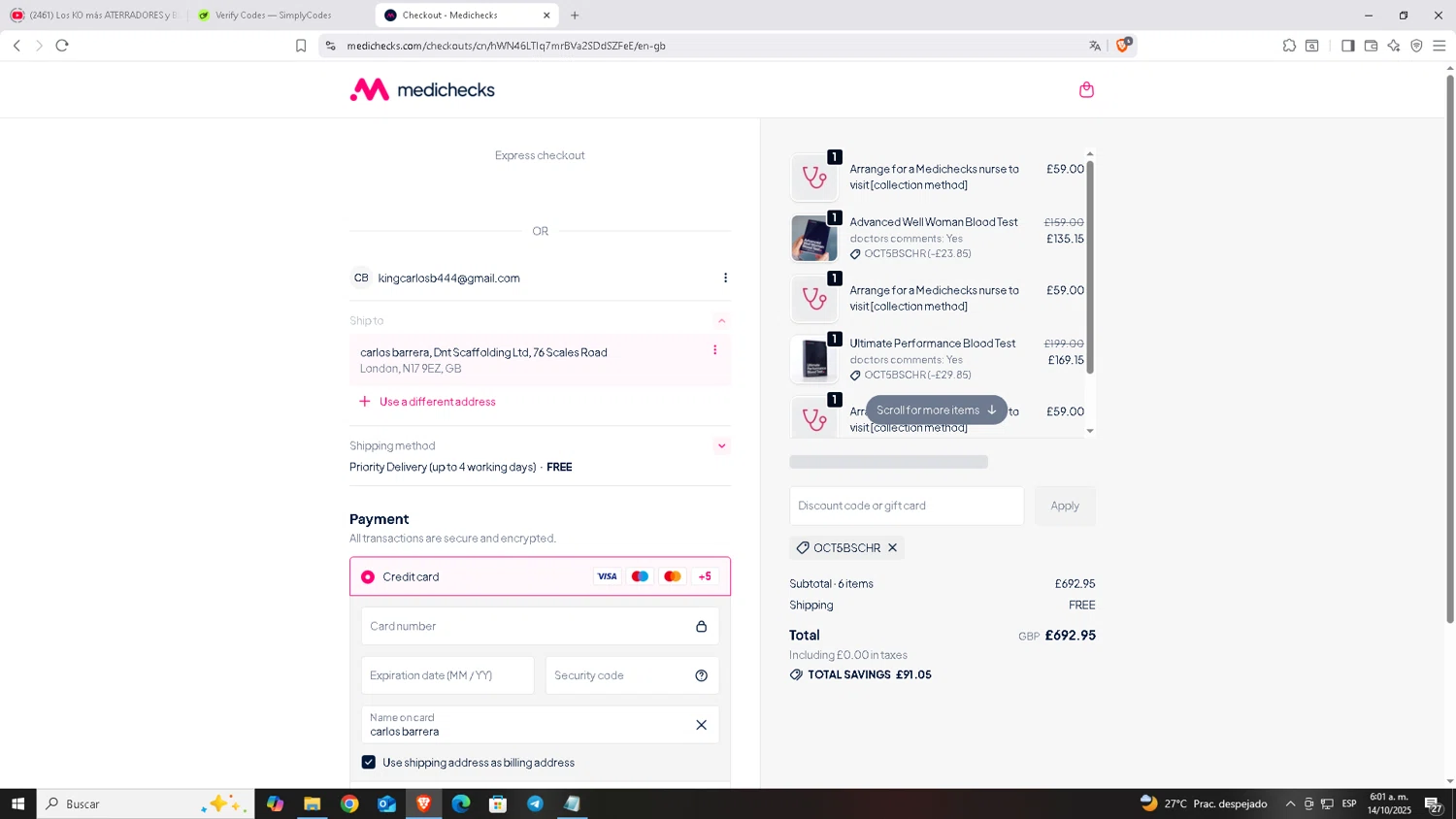 Medichecks checkout page showing Medichecks promo code box | Screenshot taken by SimplyCodes community member on Oct 14, 2025