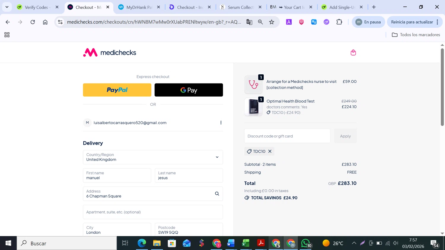Medichecks checkout page showing Medichecks promo code box | Screenshot taken by SimplyCodes community member on Feb 3, 2026