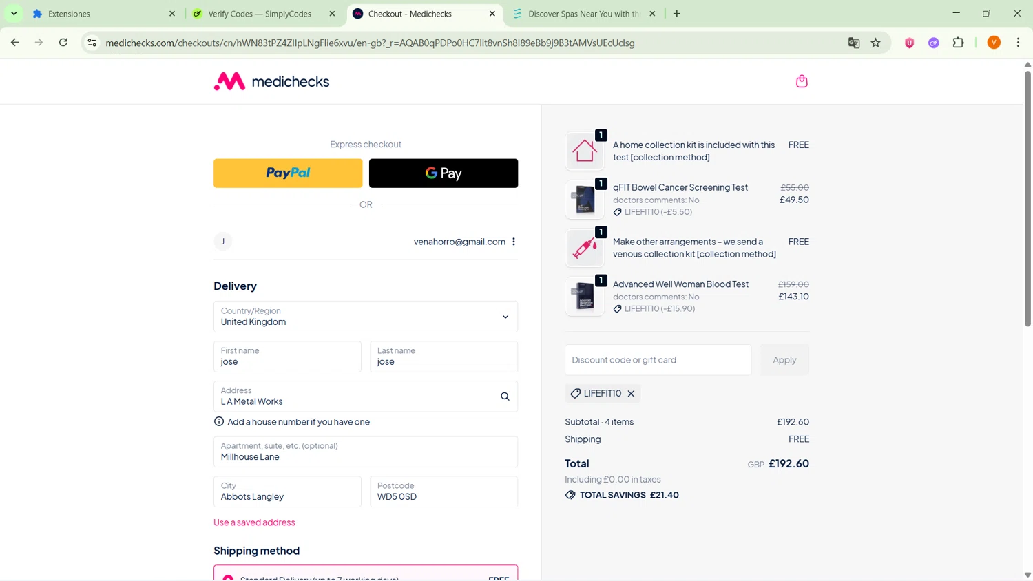 Medichecks checkout page showing Medichecks promo code box | Screenshot taken by SimplyCodes community member on Jan 26, 2026