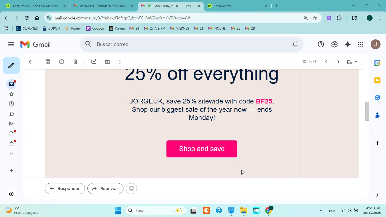 Medichecks promo code screenshot showing code BF25 applied at Medichecks checkout page. Uploaded by SimplyCodes community member jorgejavierherrera on Nov 28, 2025