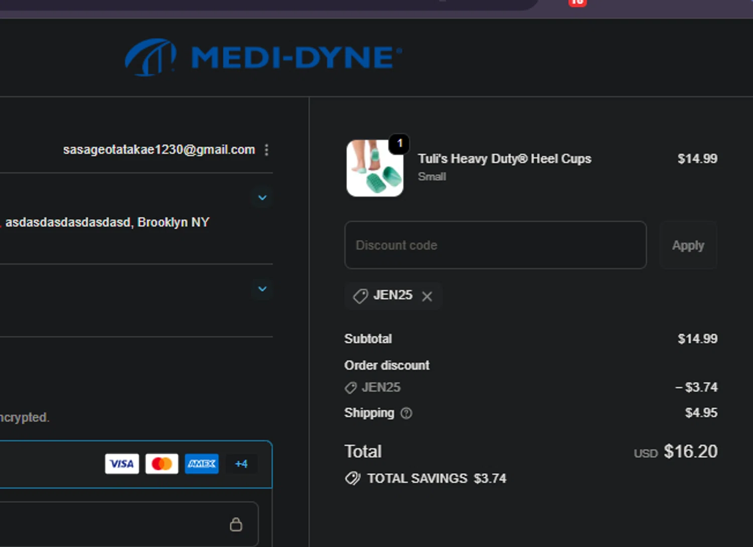 Medi-Dyne promo code screenshot showing code JEN25 applied at Medi-Dyne checkout page. Uploaded by SimplyCodes community member PedroNavaja on Nov 17, 2025