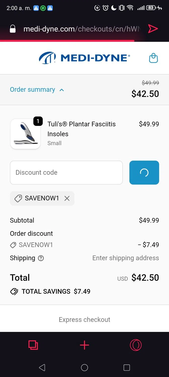 Medi-Dyne promo code screenshot showing code SAVENOW1 applied at Medi-Dyne checkout page. Uploaded by SimplyCodes community member Georgeshalan on Nov 17, 2025